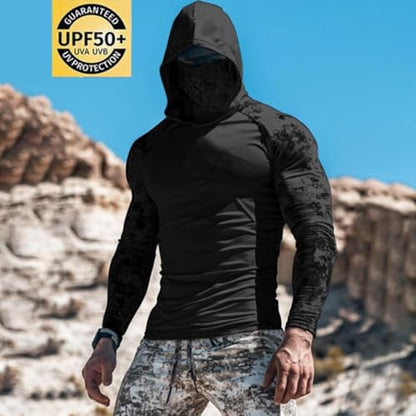UPF 50+ Men's Sun Protection Hoodie Long Sleeve Sun Shirt with Face Mask Quick Dry Breathable Sun Guard for Fishing - color: A01-black, size: 3X-Large