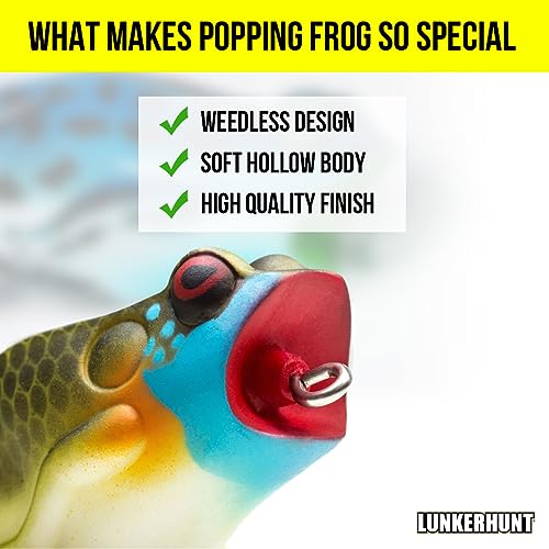 Lunkerhunt Frog Fishing Lure for Bass Fishing | Popping Frog Lure 1/4 oz | Topwater Fishing Bait with Weedless Hooks, Hollow Body, Trout Pike Lures - color: Blue Gill, size: 2.25 inch
