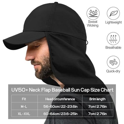 Mens XXL Sun Hats with Neck Flap UPF 50+ Waterproof Baseball Cap Adjustable Breathable Quick Dry Outdoor Fishing Hat - color: Blcak, size: Medium-Large
