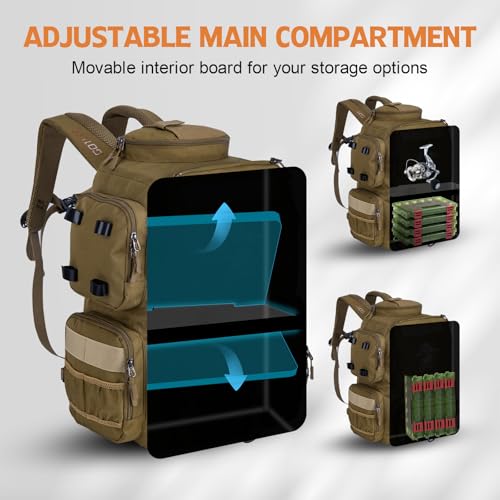 Goture Fishing Backpack with 4 Tackle Boxes,58L 900D Water-Resistant Tackle Backpack with Cooler,Rod Holders,8 Lure Pockets, Detachable Crossbody Bag,Gear Storage Large Fishing Bag for Camping Hiking - color: D1:khaki With 4 Tackle Boxes