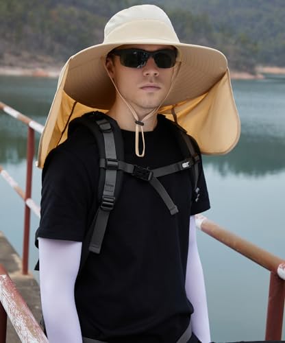 HUAMULAN Women Large Brim Sun Hat with Neck Flap, Men Quick Dry Hiking Fishing Safari Hat UPF 50+ - color: Beige With Mesh Panel