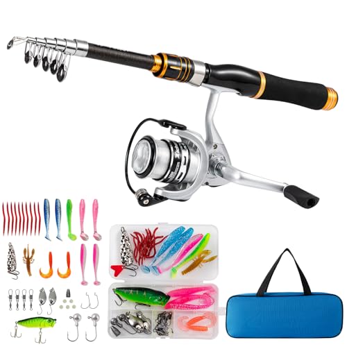 Telescopic Fishing Rod and Reel Combo, Complete Fishing Kit with Lures Tackle Box, Freshwater Saltwater Spinning Rod for Bass Trout Fishing Pole Beginner (5.2ft)