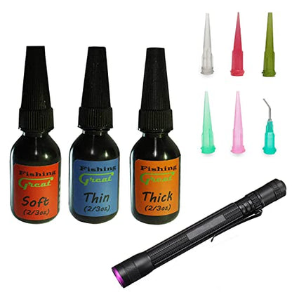GREATFISHING Fly Tying UV Clear Glue and Power Light Combo Three Bottles Thick Thin and Soft +12 LED Light for Building Flies Heads Bodies Wings and Gluing Eyes - color: 3PC Glue with 3W 395 light