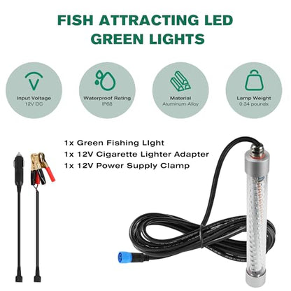 F1 12V Underwater Green Fishing Light, 100W LED Fishing Lights for Night Fishing Docks Boat Kayaks, Submersible Fish Light Attractants for Crappie Snook Squid Fresh&Salt Water (16.4ft Cable) - size: 16.4FT F1