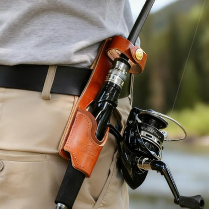 Brown Leather Fishing Rod Holster | Single Slot Belt Mount Carrier for Surf Fishing & Wading | Hands-Free Compatible with Fly Reels and Spinning Reels - color: Light Brown