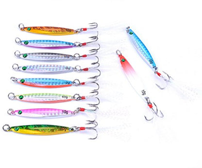 Aorace 10pcs Hard Metal Jigs Diving Sea Fishing Lures Minnow Popper Baits Tackle Crankbait Saltwater Freshwater Lures with Feather - color: 10pcs 5.5cm/10g