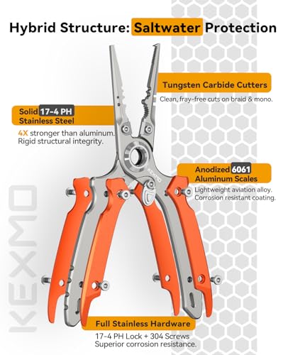 KEXMO 17-4 Stainless Steel Fishing Pliers, Anti-Twist Saltwater Hook Remover Tool, 7.17" Split Ring Pliers with Tungsten Cutters, Lightweight Aluminum Scales, Luminous Locking S-Carabiner - color: Orange