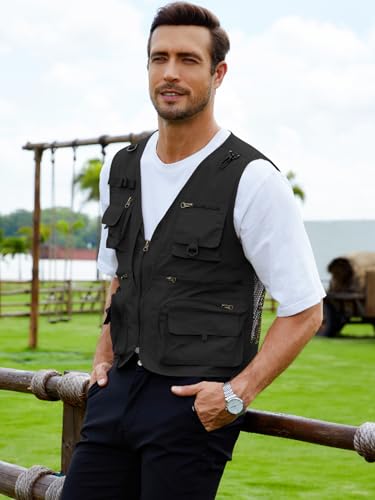 Gihuo Mens Fishing Vest Lightweight Utility Vests Cargo Outdoor Safari Travel Vest with Pockets - color: Black, size: Small