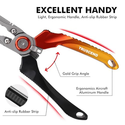 TRUSCEND Easy Use Lockable Fishing Pliers with Tungsten Carbide Cutter, Innovative Ergonomic Handy Handle, Saltwater Corrosion Resistant Teflon Coated Fishing Tool, Light Multi-Function Fishing Gear - color: B1-gold