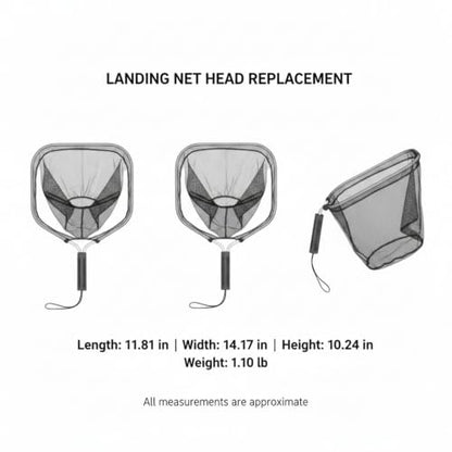Rubber Mesh Landing Net Head Replacement, Aluminum Alloy Frame for Freshwater Fishing, Smooth Hook Release - size: 11.81 x 14.17 x 10.24"