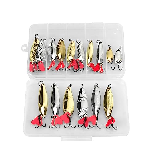 DONQL Spoon Fishing Lures, Metal Fishing Spoon Lures Hard Baits Saltwater Fishing Lures Spinner Baits Fish Treble Hooks Tackle Salmon Bass - color: Set A