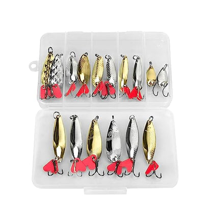DONQL Spoon Fishing Lures, Metal Fishing Spoon Lures Hard Baits Saltwater Fishing Lures Spinner Baits Fish Treble Hooks Tackle Salmon Bass - color: Set A