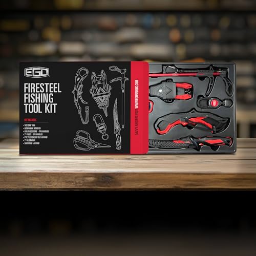 EGO FireSteel Fishing Tool Kit, 7 Pc Pro Angler Set with Pliers, Fillet Knife, Hook Remover, Line Scissors, Vice Grip Tool, Sheath & Lanyard, Freshwater & Saltwater Fishing Gear