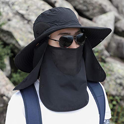 Sun Hat Unisex Face Coverage Shield Neck Flap Cap Garden Lawn Work Sports Hiking Fishing Hats - color: Black