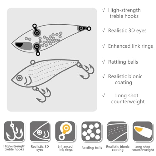 Lipless Crankbait Rattling Fishing Lures – 5 Pack Hard Baits with Steel Balls & Sharp Treble Hooks for Bass, Trout, Walleye, Pike, Redfish, Freshwater & Saltwater, with Box