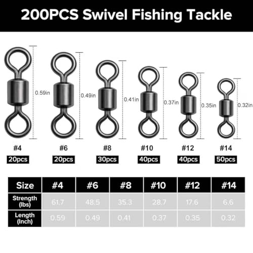 DONQL 200pcs Fishing Barrel Swivels, Stainless Steel Rolling Bearing Snap Connector for Saltwater Freshwater Leader Line Lure, Swivels Fly Fishing Tackles 61.7lbs to 6.6lbs #4#6#8#10#12#14