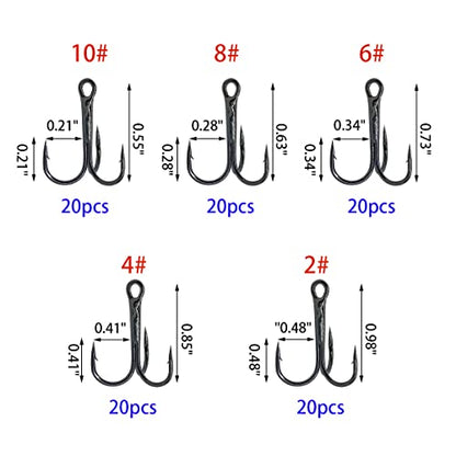 Red Fishing Treble Hooks Kit, High Carbon Steel Hooks Strong Sharp Round Bend for Lures Baits Saltwater Freshwater Bass Fishing 100pcs Mixed 5 Size 2# 4# 6# 8# 10# - color: 100pcs Treble Hooks