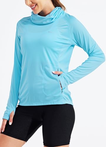 Willit Women's UPF 50+ Sun Protection Hoodie - Breathable Mesh Face Cover & Cooling Fishing Shirt with Pockets - color: Blue, size: Large