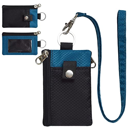 CHENSPRX Minimalist RFID Blocking Small Wallet with ID Window,WaterResistant Zip Id Case Wallet with Lanyard Keychain for Cards,Cash,Travel,Women,Men - color: Black+ElectricBlue