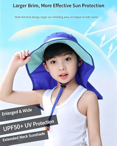 Kids Sun Hat Neck Flap UPF 50+ Quick-Dry Wide Brim Breathable Fishing Beach Hat for 6-12T Boys Girls Summer
