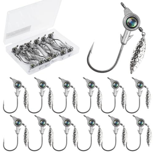 Underspin Jig Heads, 12pcs Crappie Jig Heads Swimbait Jig Heads with Spinner Blade 3D Eyes Fishing Jig Heads Hooks for Soft Plastic Swimbait Bass Walleye Trout Fishing 1/8oz 1/4oz 3/16oz 3/8oz - size: 3/8oz-12pcs