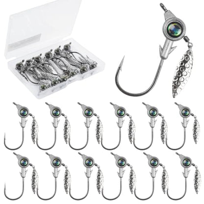 Underspin Jig Heads, 12pcs Crappie Jig Heads Swimbait Jig Heads with Spinner Blade 3D Eyes Fishing Jig Heads Hooks for Soft Plastic Swimbait Bass Walleye Trout Fishing 1/8oz 1/4oz 3/16oz 3/8oz - size: 3/8oz-12pcs