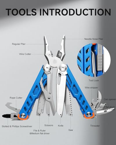 15-in-1 Multitool Pliers, Blue, Stainless Steel | with Sheath - color: Blue
