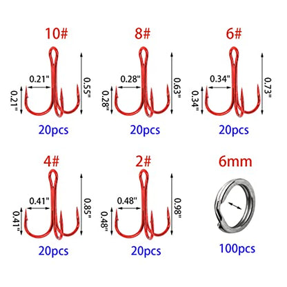 200 Pack Fishing Treble Hooks Kit High Carbon Steel Hooks Strong Sharp Round Bend with Split Rings for Lures Baits Saltwater Freshwater Fishing Size 2# 4# 6# 8# 10# - color: Red Mixed 200pcs