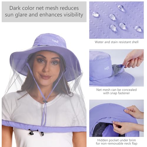 BASSDASH UPF 50+ Mosquito Sun Hat with Hidden Head Net and Neck Flap for Men Women Outdoor Fishing Hiking Camping - color: Light Purple