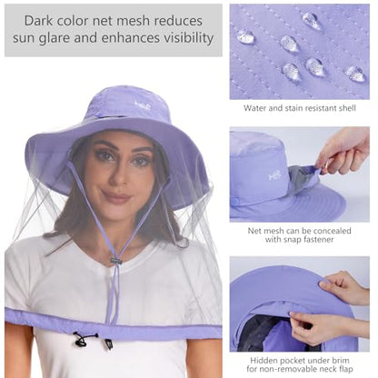 BASSDASH UPF 50+ Mosquito Sun Hat with Hidden Head Net and Neck Flap for Men Women Outdoor Fishing Hiking Camping - color: Light Purple