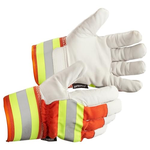 SAFEGEAR Goatskin Hi-Vis Gloves, Cotton Fleece Lined, Rubber Cuff, 1 Pair - size: Medium