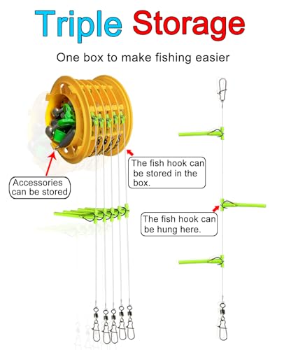 Abrasion Resistant Braided Fishing Lines with 3 Hooks and Stainless Steel Snap Connect, Anti-Tangle Tandem Fishing Hooks with Organizer, 5 Sets of Hooks with Storage Box
