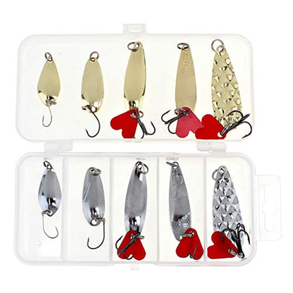 10pcs Metal Spoons Lures Kit with Hook Tackle Box, Hard Fishing Lures, Sequin Baits for Trout, Panfish, Bass