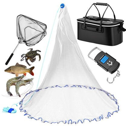 Threehoney Set of 4 Saltwater Fishing Cast Net, Foldable Fish Bucket, Folding Fishing Landing Net, and 110lb Digital Scale, 6 Gallon Live Fish Bait Bucket - color: Black, size: 4ft