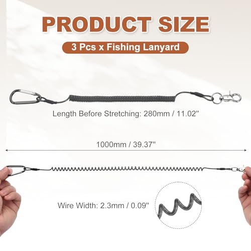 PATIKIL Fishing Lanyard, (39.37" Length, Black) (3Pcs), Retractable Coiled Tether Anti-Lost Rope Coiled with Carabiners and 360° Rotatable Hook, Suit for - Fishing/Hunting/Hiking/Boating - color: Black, size: 39.37"