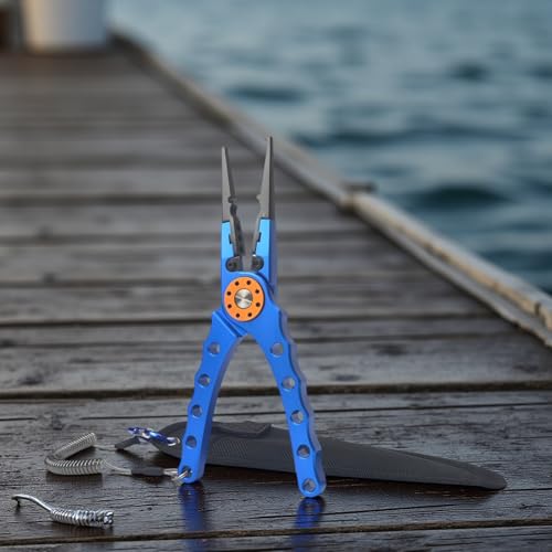 Aluminum Fishing Pliers with Stainless Steel Cutters, Sawtooth Jaws, Classic Blue, Includes Lanyard and Sheath, 7.9 x 2 x 0.4 in, 20 x 5 x 1 cm