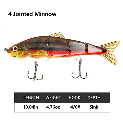 10in Multi Jointed Swimbait Fishing Lures Bait,4 Segment Big Giant Sinking Fishing Bass Lures,Crankbaits Swimbaits with Treble Hook - color: 10in,4.76oz-Color K