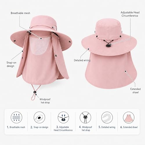 Sun Hat Unisex Face Coverage Shield Neck Flap Cap Garden Lawn Work Sports Hiking Fishing Hats - color: Pink