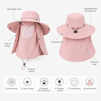 Sun Hat Unisex Face Coverage Shield Neck Flap Cap Garden Lawn Work Sports Hiking Fishing Hats - color: Pink