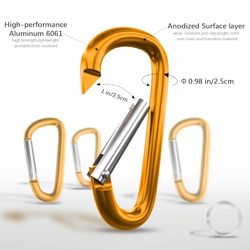 sprookber 4" & 5" Extra Large Aluminum Carabiner D Ring, Caribeener Clips, Spring Snap Hook for Keychain Clip, Set of 4 - color: yellow-4", size: 4 inch