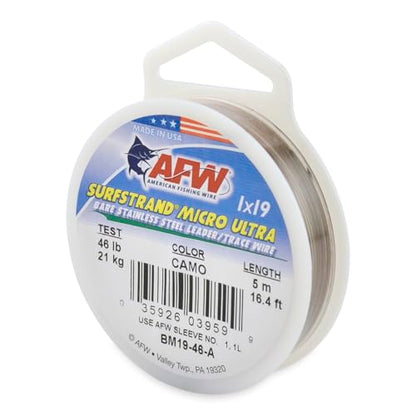 American Fishing Wire Surfstrand Micro Ultra Bare 1x19 Stainless Steel Leader Wire - Fishing Leader Line for Saltwater, 6.6lb Test - 61lb Test, Camo Color, 5m Length - style: 46 Lb / 5 M