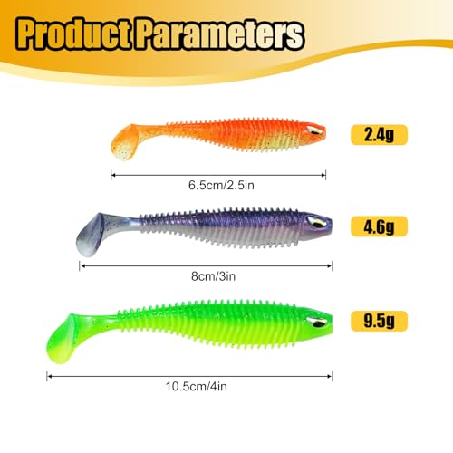 3D Eyes Paddle Ribbed Bait, 2.5in 3in 4.1in Soft Plastic Paddle Tail Swimbaits Fishing Lures for Bass Fishing Freshwater Saltwater 12/20/25 PCS - color: Green, size: 4.1in(10.5cm)-12PCS