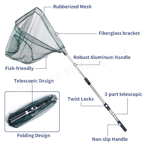 Neween Fishing Net, Foldable Collapsible Telescopic Fish Landing Net, Durable Nylon Material Mesh Landing Net for Easy Catching or Releasing for Trout - style: 51" Full Extended (Telescopic Pole)