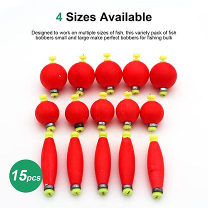 Fishing Bobber Slip Bobbers for Fishing 15 Pcs Foam Snap Weighted Floats Set Bobbers Fishing Tackle Accessories Fishing Supplies - color: D-Weighted Red-15pcs