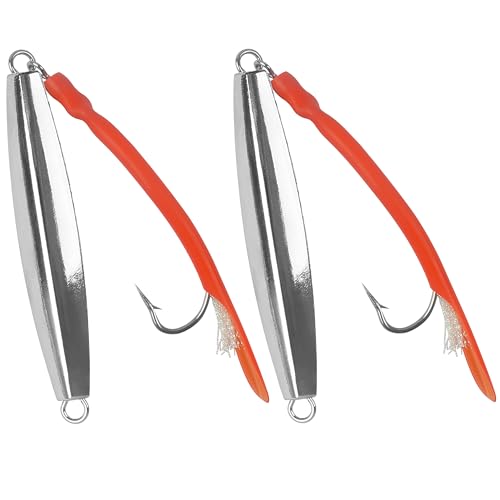 Diamond Jigs Saltwater Fishing Lures, 2Pack Casting Jigging Spoon with Tube Tail Striped Bass Metal Jig Spoons Deep Sea Offshore Surf Fishing 1oz-4oz - size: 1 Ounce, style: Red Tube, 2pack