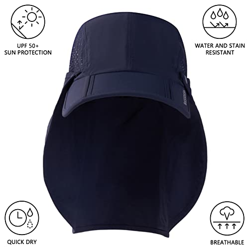 BASSDASH UPF 50+ Foldable Fishing Hat Baseball Cap with Removable Neck Flap Portable for Men Women Golf Hiking - color: Dark Blue With Foldable Brim