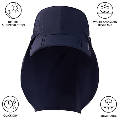 BASSDASH UPF 50+ Foldable Fishing Hat Baseball Cap with Removable Neck Flap Portable for Men Women Golf Hiking - color: Dark Blue With Foldable Brim
