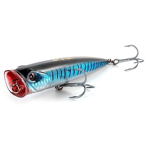 Dr.Fish Popper Saltwater Fishing Lures, 4/5.5 Inches GT Popper VMC Treble Hooks Surf Fishing Lures for Bass Striper Pike Salmon Offshore - color: Blue Mackerel-1 Pack, size: 4"
