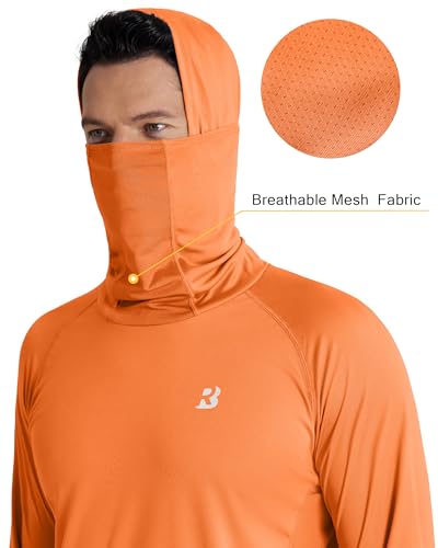 Roadbox UPF 50+ Men's Hooded Fishing Shirts, Long Sleeve UV Sun Protection Hoodie Hiking Running Swim Rash Guard with Mask - color: Orange, size: Small