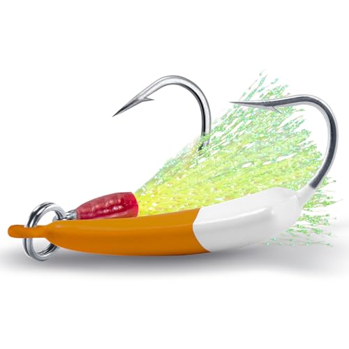 Dr.Fish 5 Pack Pompano Jigs with Teaser Hooks, Surf Fishing Jig Heads Saltwater Lure Banana Shape Stand Up O'Shaughnessy Beach Casting Halibut Striper Redfish Flounder - color: Brown/White, size: 1oz-Hook 4/0
